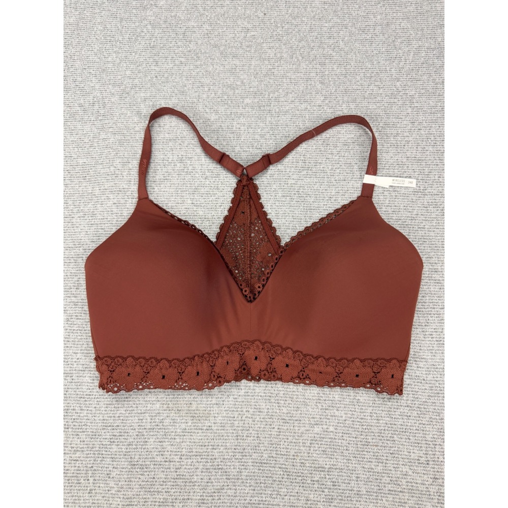 Aerie Wireless Lace Racerback Plunge Bra Rust Brown 34D Floral Crochet Trim